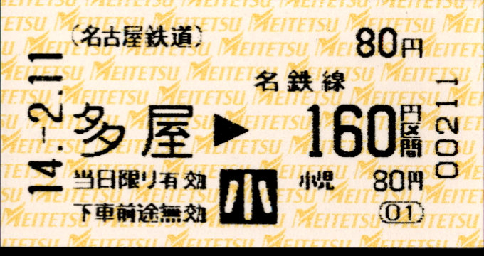 名古屋鉄道 金額式 軟券乗車券