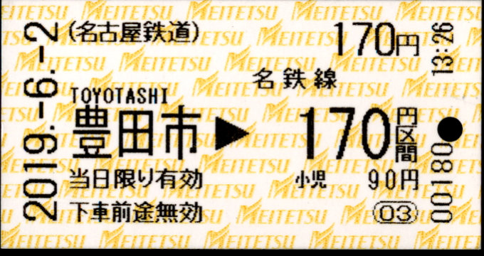 名古屋鉄道 金額式 軟券乗車券
