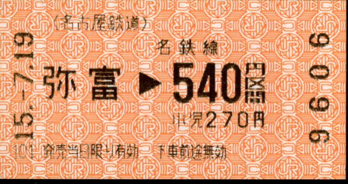 名古屋鉄道 金額式 軟券乗車券