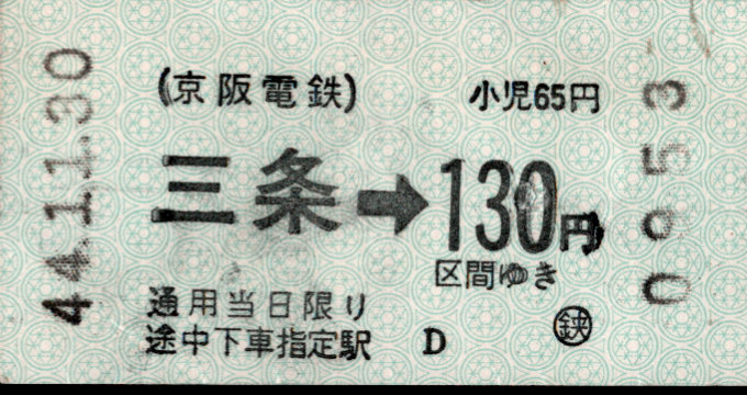 京阪電気鉄道 金額式 軟券乗車券[自]