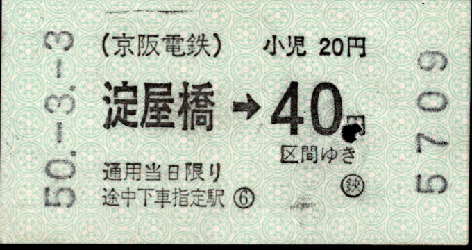 京阪電気鉄道 金額式 軟券乗車券[自]