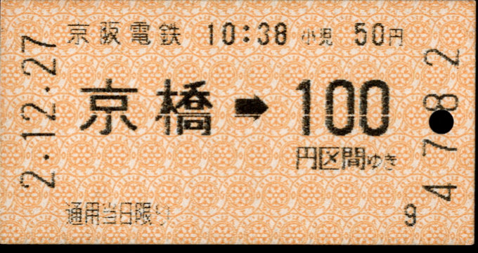 京阪電気鉄道 金額式 軟券乗車券[自]