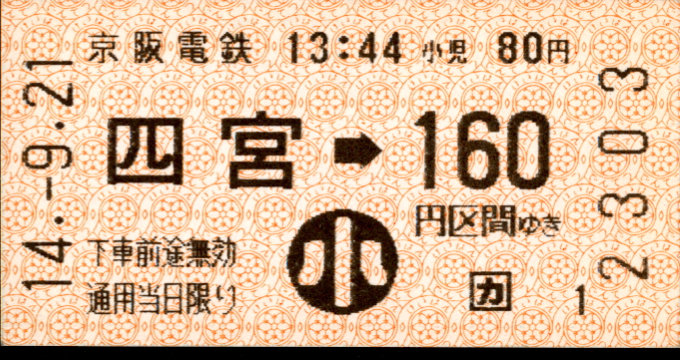 京阪電気鉄道 金額式 軟券乗車券[自]