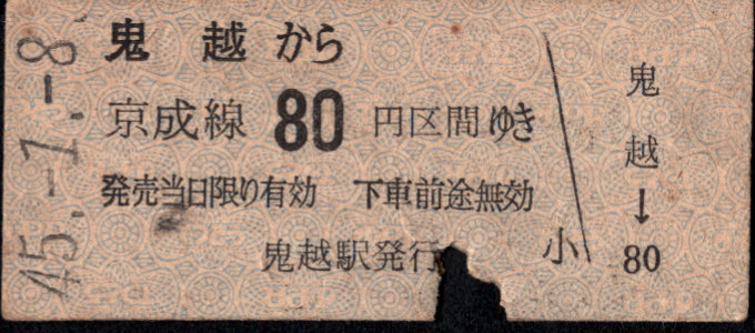 京成電鉄 金額式 硬券乗車券