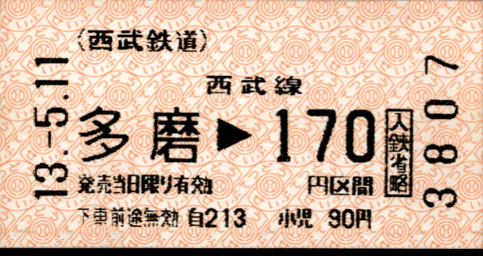 西武鉄道 金額式 軟券乗車券