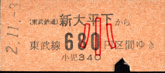 東武鉄道 金額式 硬券乗車券