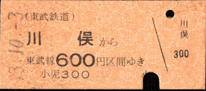 東武鉄道 金額式 硬券乗車券