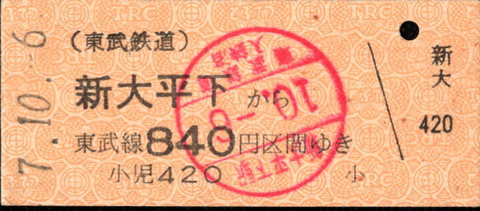 東武鉄道 金額式 硬券乗車券
