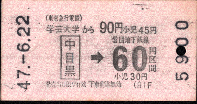 東京急行電鉄 連絡乗車券 [金額式 軟券 自]
