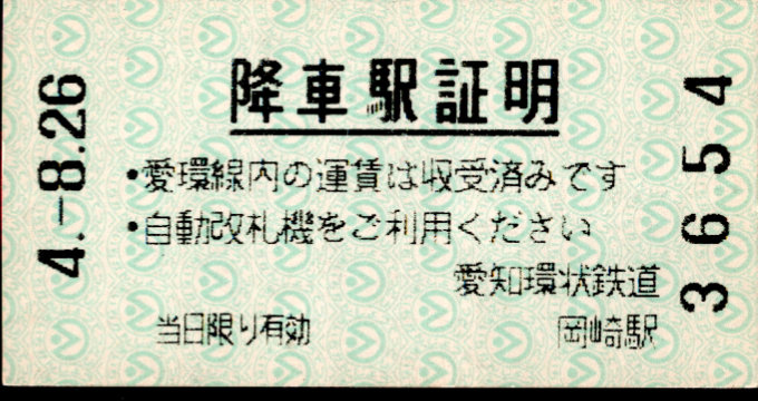 愛知環状鉄道 証明書(降車駅証明書)