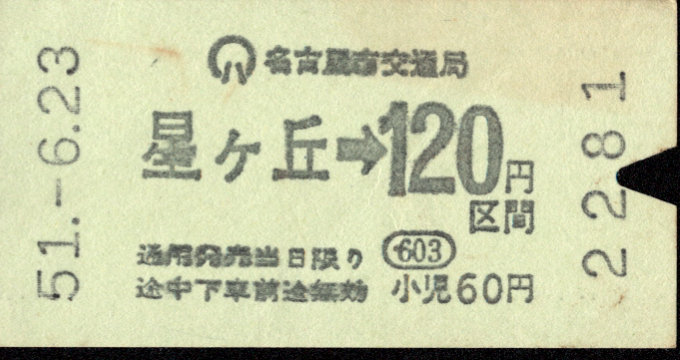 名古屋市交通局 金額式 軟券乗車券[自]