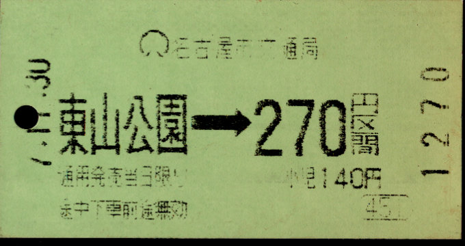 名古屋市交通局 金額式 軟券乗車券[自]