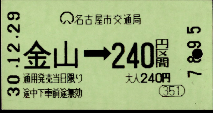 名古屋市交通局 金額式 軟券乗車券[自]