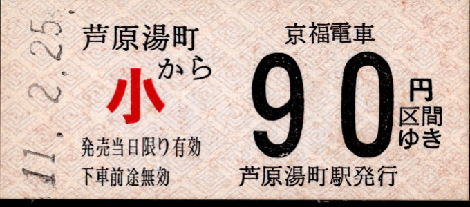 京福電鉄(福井支社) 金額式 硬券乗車券