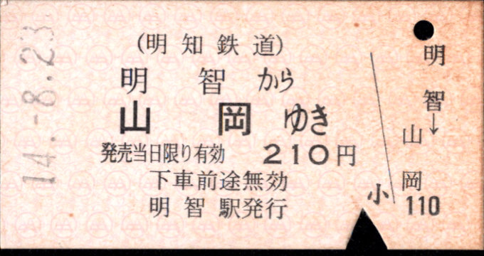 明知鉄道 一般式 硬券乗車券