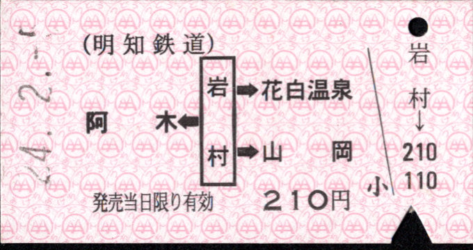 明知鉄道 矢印式 硬券乗車券