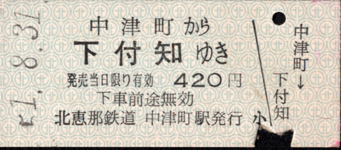 北恵那鉄道 一般式 硬券乗車券