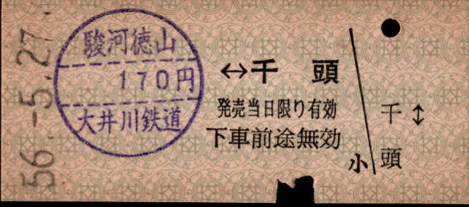 大井川鉄道 相互式 硬券乗車券