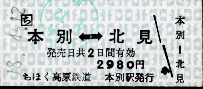 北海道ちほく高原鉄道 相互式 硬券乗車券