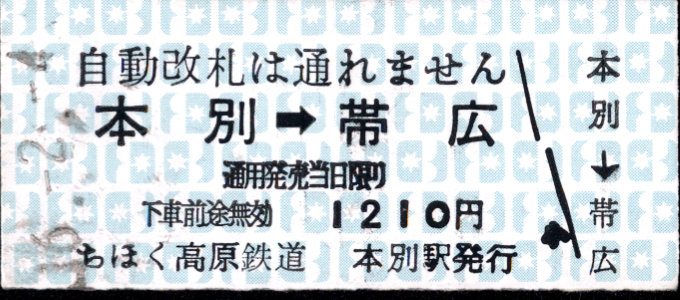 北海道ちほく高原鉄道 連絡券