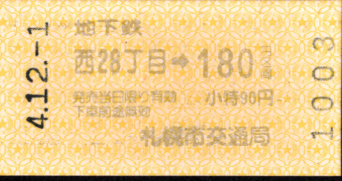 札幌市交通局 金額式 軟券乗車券
