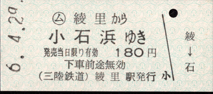 三陸鉄道 一般式 硬券乗車券
