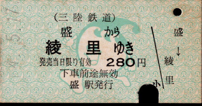 三陸鉄道 一般式 硬券乗車券