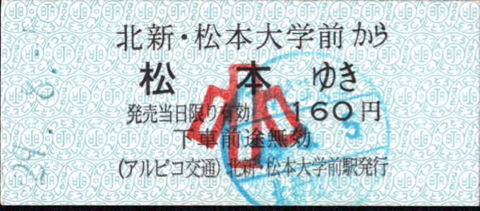 アルピコ交通 一般式 硬券乗車券