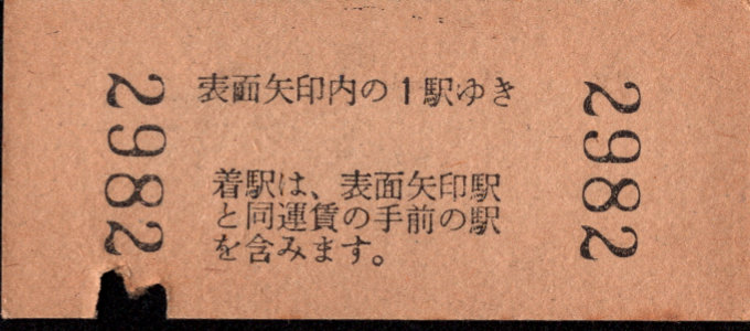 長野電鉄 矢印式 硬券乗車券