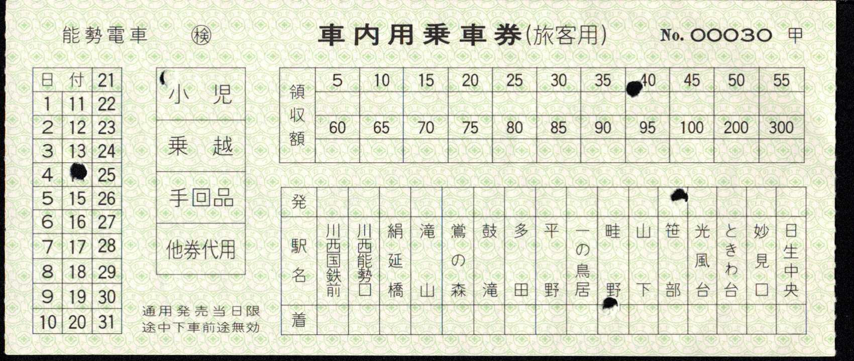能勢電鉄 車内乗車券