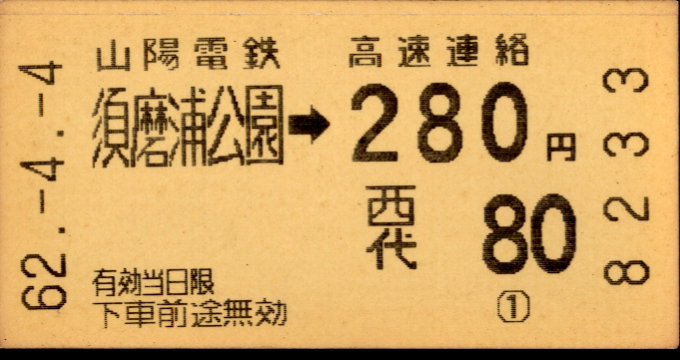 山陽電気鉄道 連絡乗車券(自)