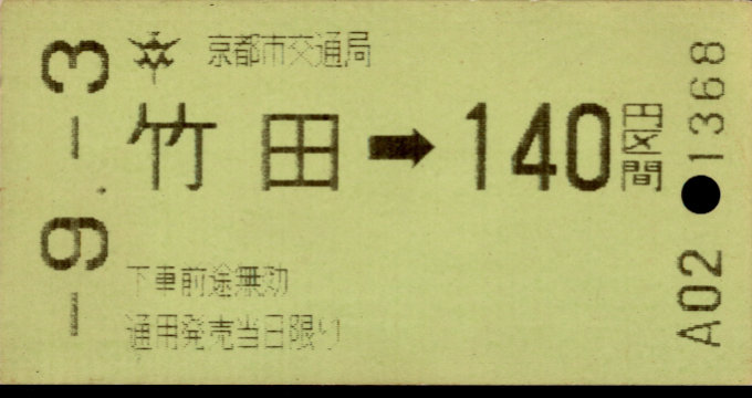 京都市交通局 金額式 軟券乗車券