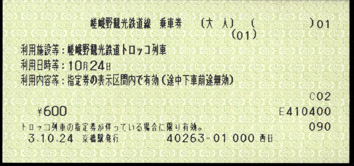 嵯峨野観光鉄道 ＪＲ発売乗車券