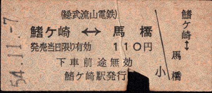 総武流山電鉄 相互式 硬券乗車券