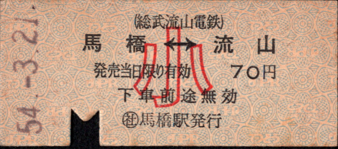 総武流山電鉄 相互式 硬券乗車券
