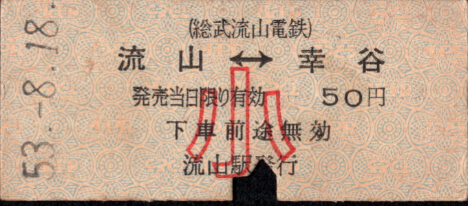 総武流山電鉄 相互式 硬券乗車券