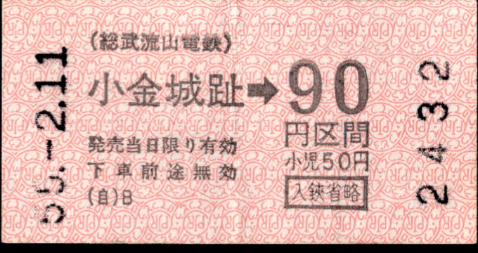 総武流山電鉄 金額式 軟券乗車券