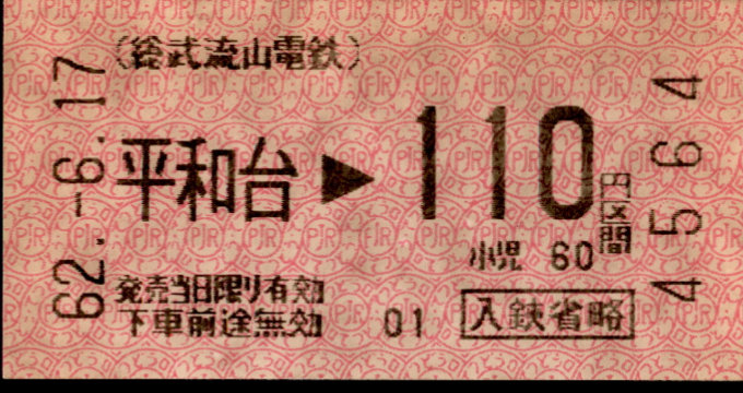 総武流山電鉄 金額式 軟券乗車券