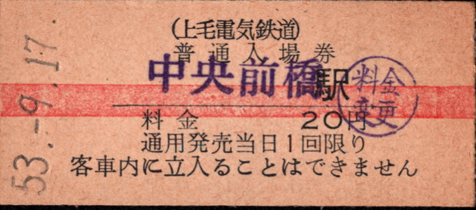 上毛電気鉄道 硬券入場券