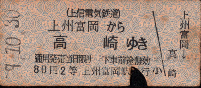 上信電鉄 一般式 硬券乗車券