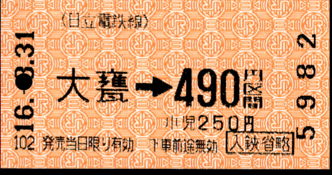 日立電鉄 金額式 軟券乗車券