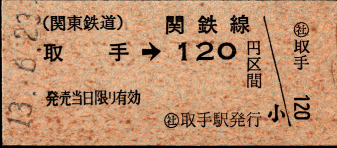 関東鉄道(常総線) 金額式 硬券乗車券