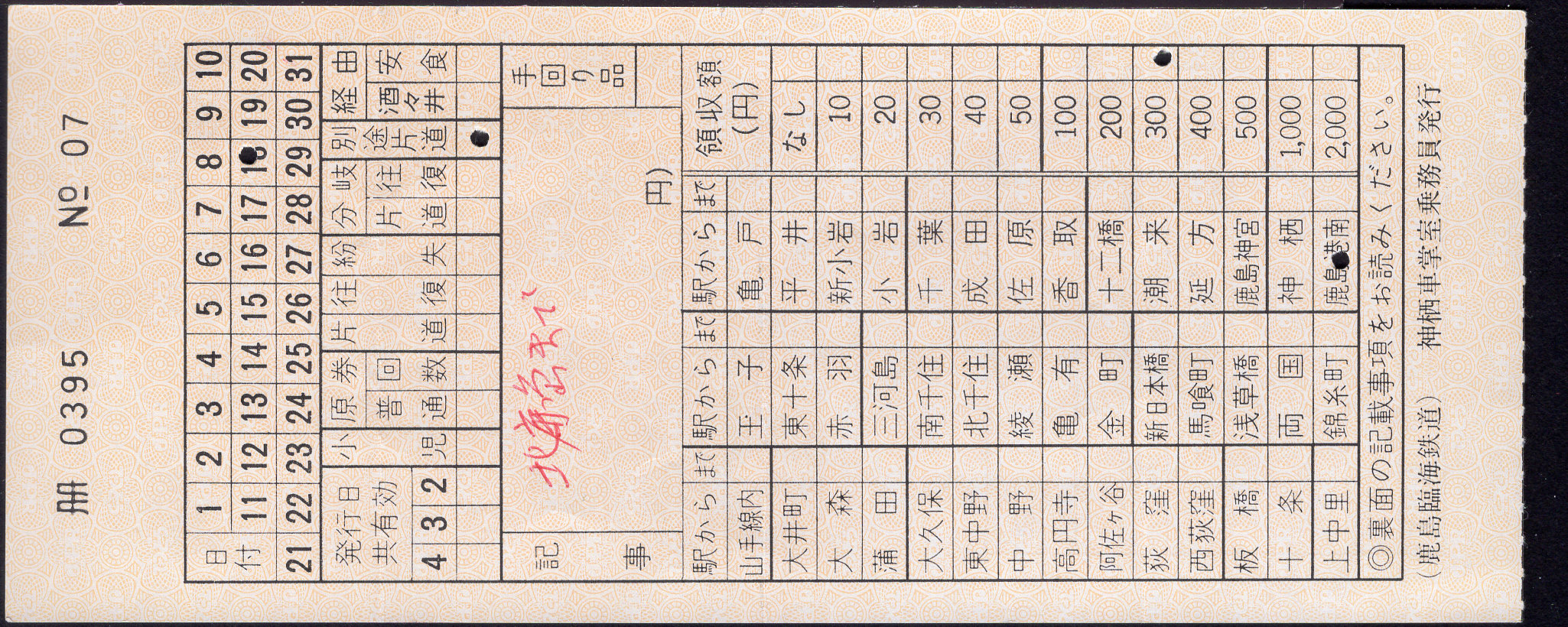 鹿島臨海鉄道 車内補充券