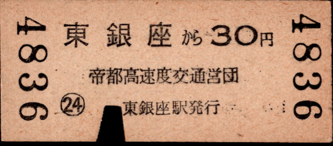 帝都高速度交通営団 金額式 硬券乗車券