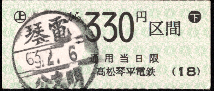 高松琴平電気鉄道 金額式 半硬券乗車券